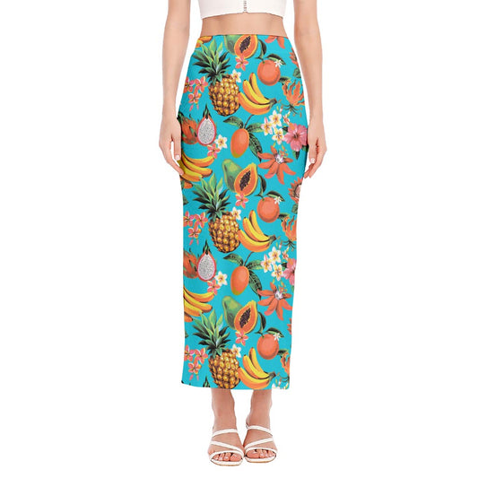 Vintage Tropical Fruits Pattern Print Side Slit Maxi Skirt