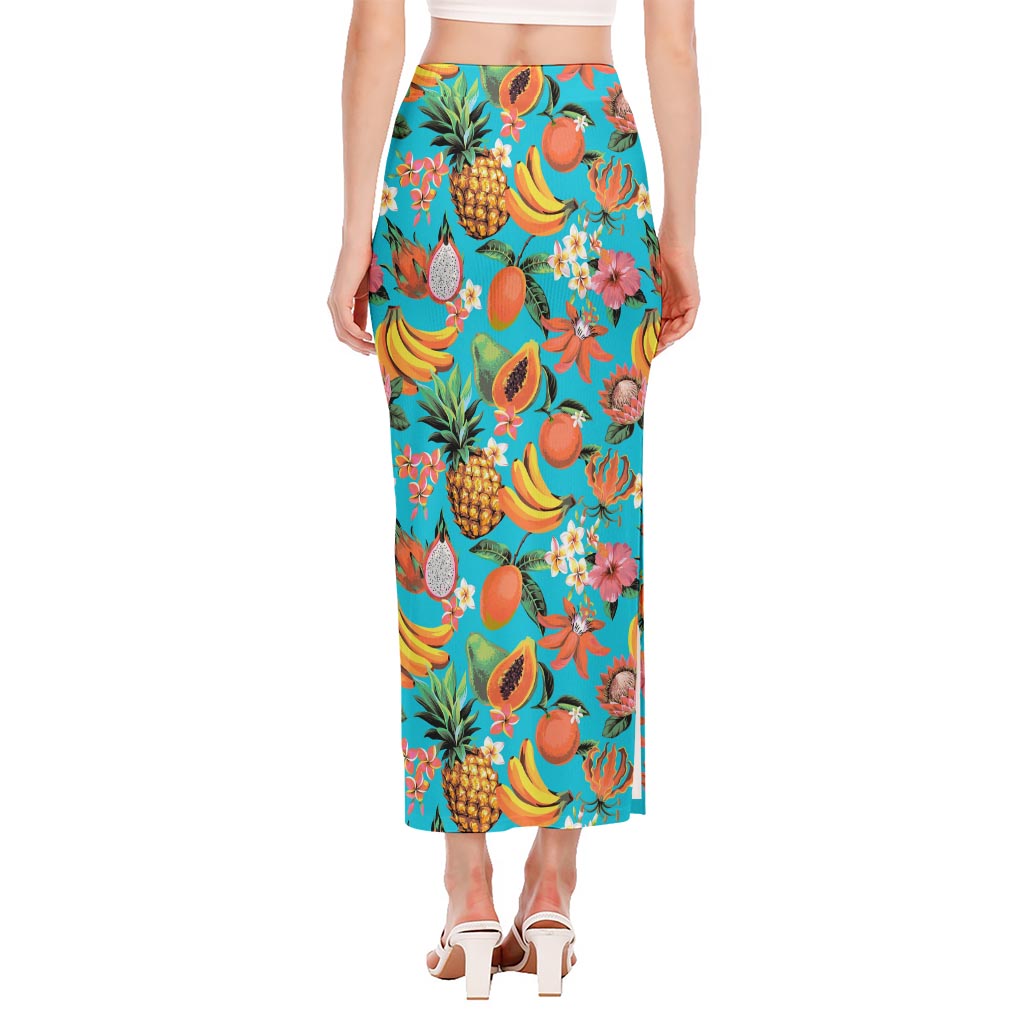 Vintage Tropical Fruits Pattern Print Side Slit Maxi Skirt