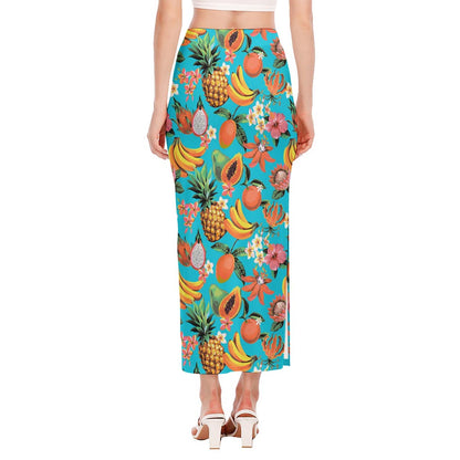 Vintage Tropical Fruits Pattern Print Side Slit Maxi Skirt