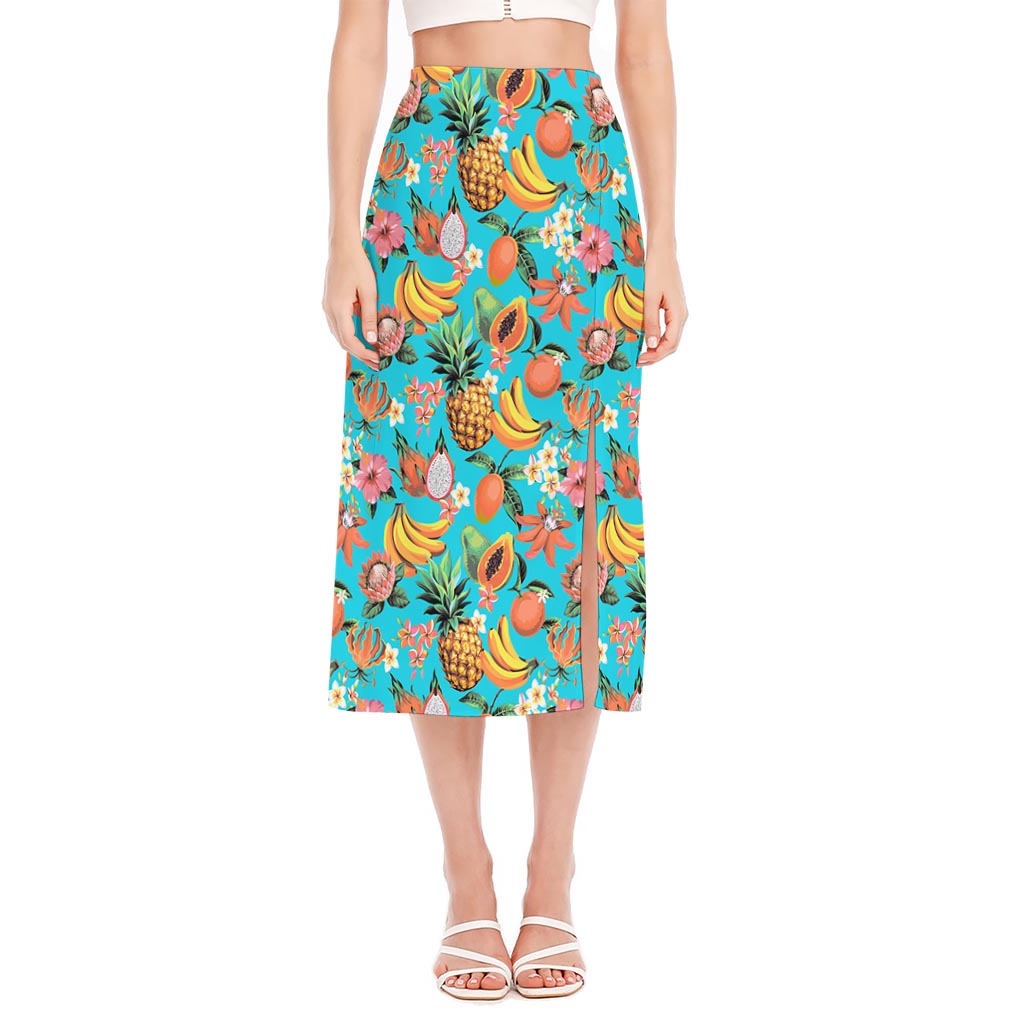 Vintage Tropical Fruits Pattern Print Side Slit Midi Skirt