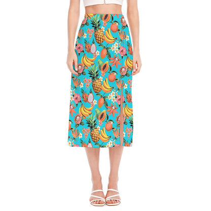 Vintage Tropical Fruits Pattern Print Side Slit Midi Skirt