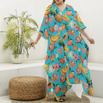 Vintage Tropical Fruits Pattern Print Silk V-Neck Kaftan Dress
