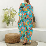 Vintage Tropical Fruits Pattern Print Silk V-Neck Kaftan Dress