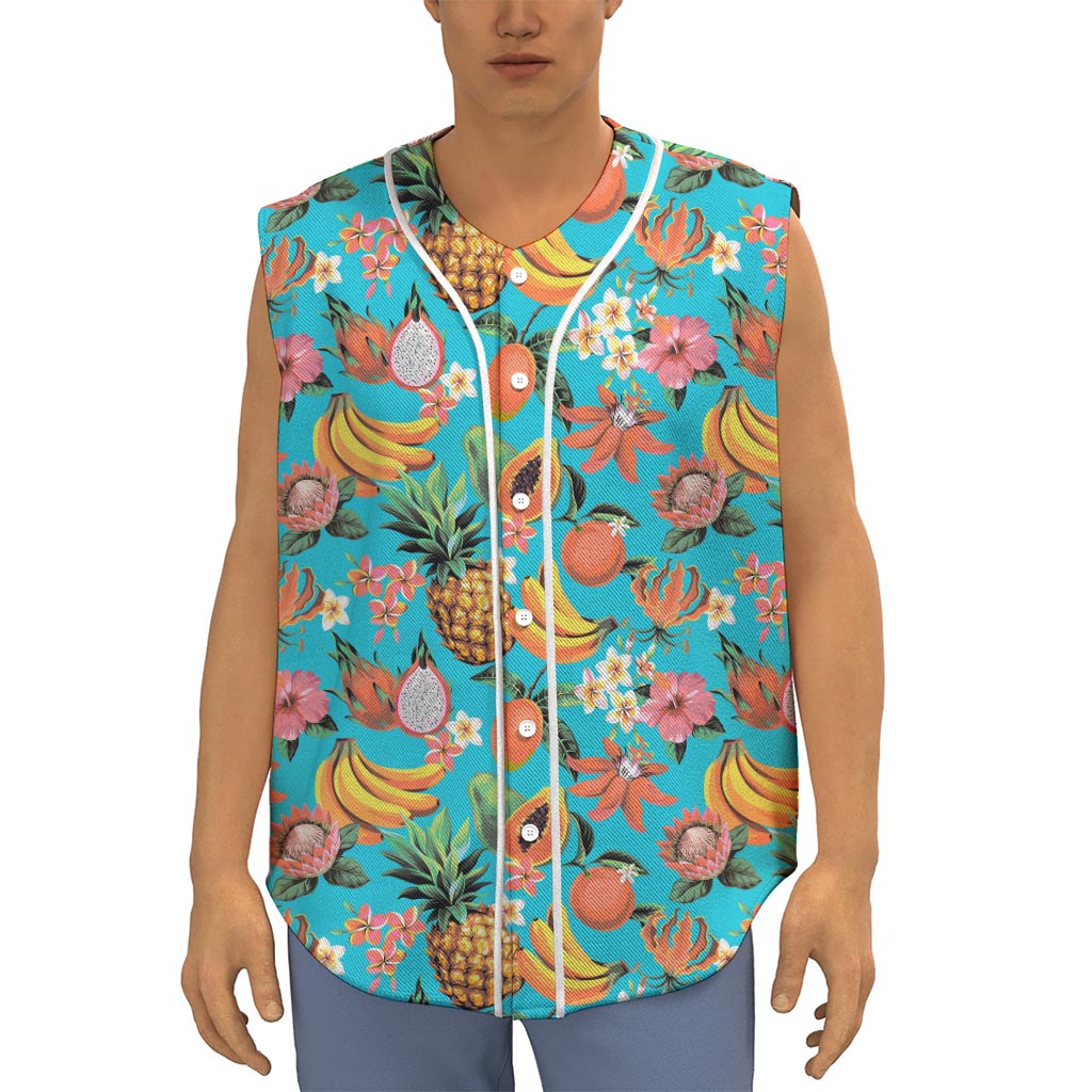 Vintage Tropical Fruits Pattern Print Sleeveless Baseball Jersey