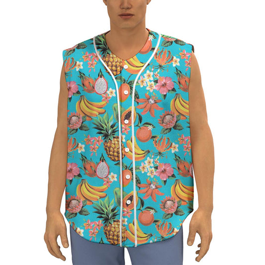 Vintage Tropical Fruits Pattern Print Sleeveless Baseball Jersey