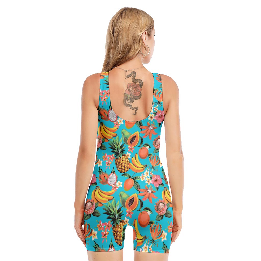Vintage Tropical Fruits Pattern Print Sleeveless One Piece Swimsuit