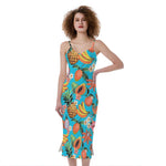 Vintage Tropical Fruits Pattern Print Slim Fit Midi Cami Dress