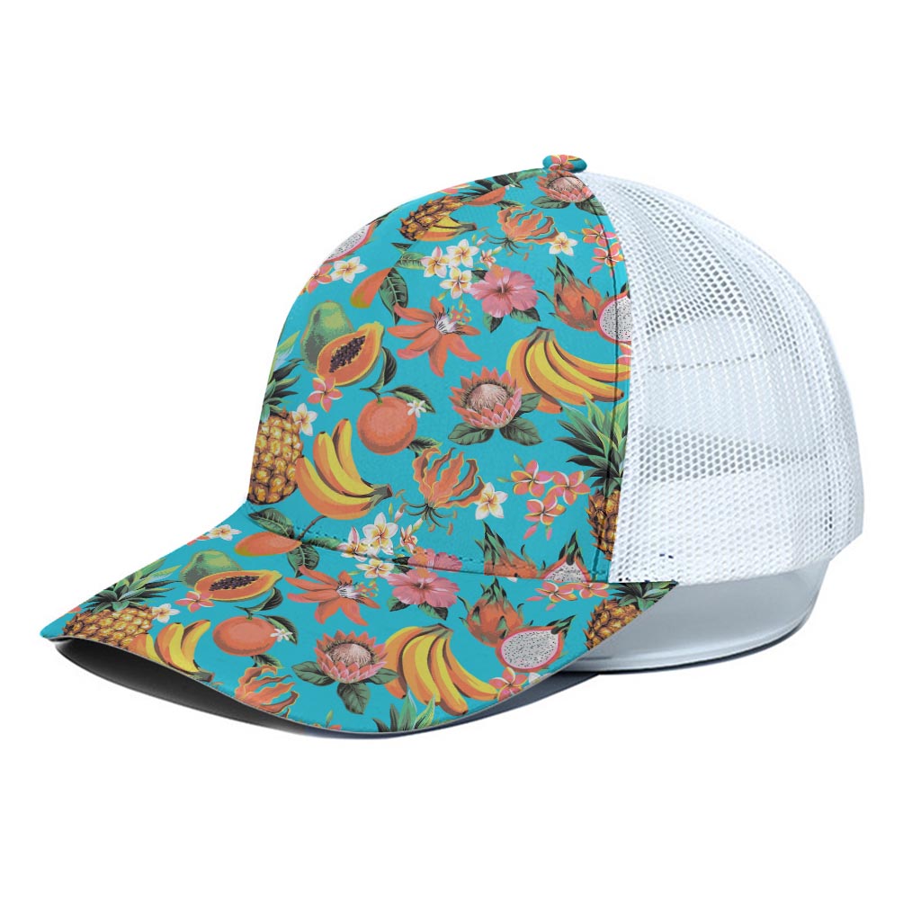 Vintage Tropical Fruits Pattern Print White Mesh Trucker Cap