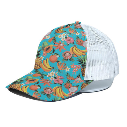 Vintage Tropical Fruits Pattern Print White Mesh Trucker Cap
