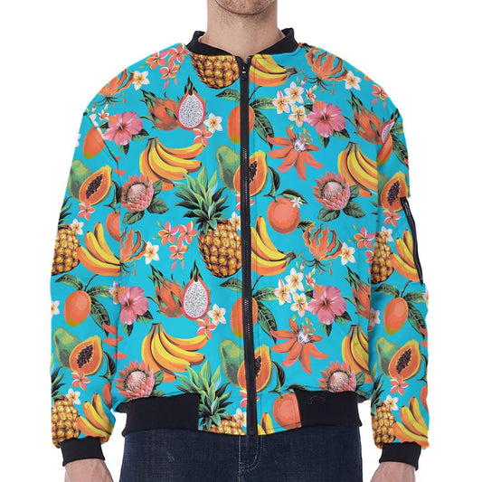 Vintage Tropical Fruits Pattern Print Zip Sleeve Bomber Jacket