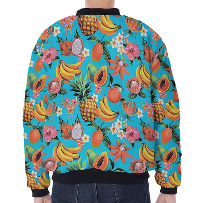 Vintage Tropical Fruits Pattern Print Zip Sleeve Bomber Jacket