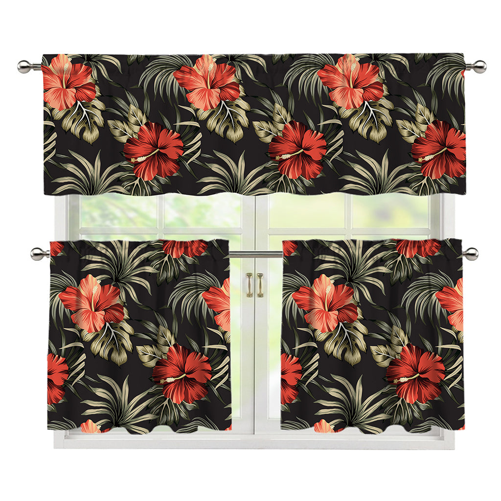 Vintage Tropical Hibiscus Floral Print 3 Piece Kitchen Curtains