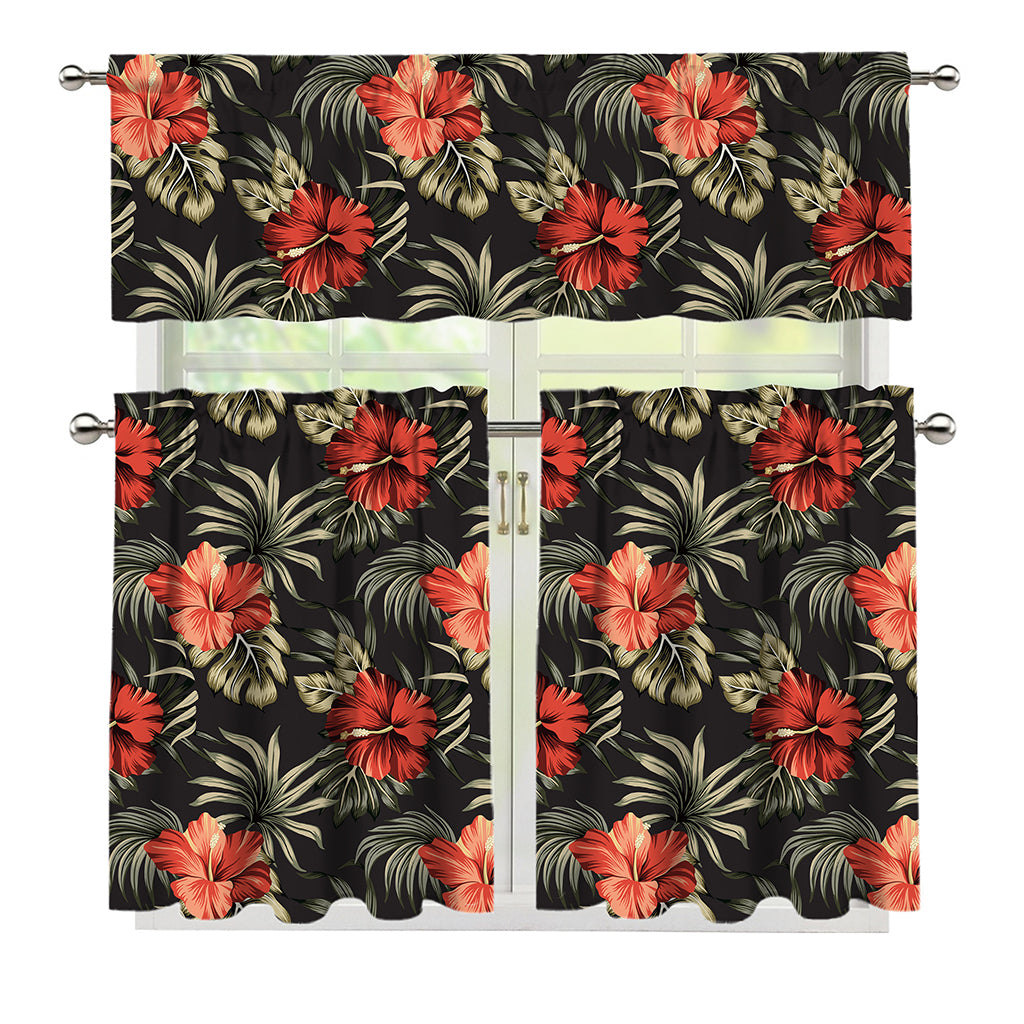 Vintage Tropical Hibiscus Floral Print 3 Piece Kitchen Curtains