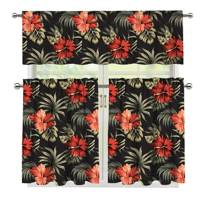 Vintage Tropical Hibiscus Floral Print 3 Piece Kitchen Curtains