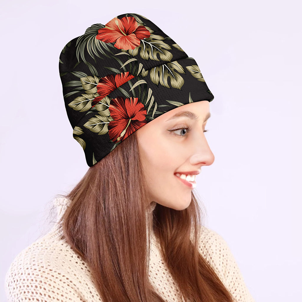 Vintage Tropical Hibiscus Floral Print Beanie