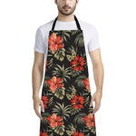 Vintage Tropical Hibiscus Floral Print Bib Apron With Pocket