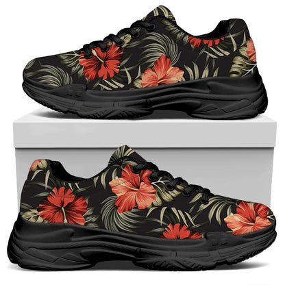 Vintage Tropical Hibiscus Floral Print Black Chunky Shoes