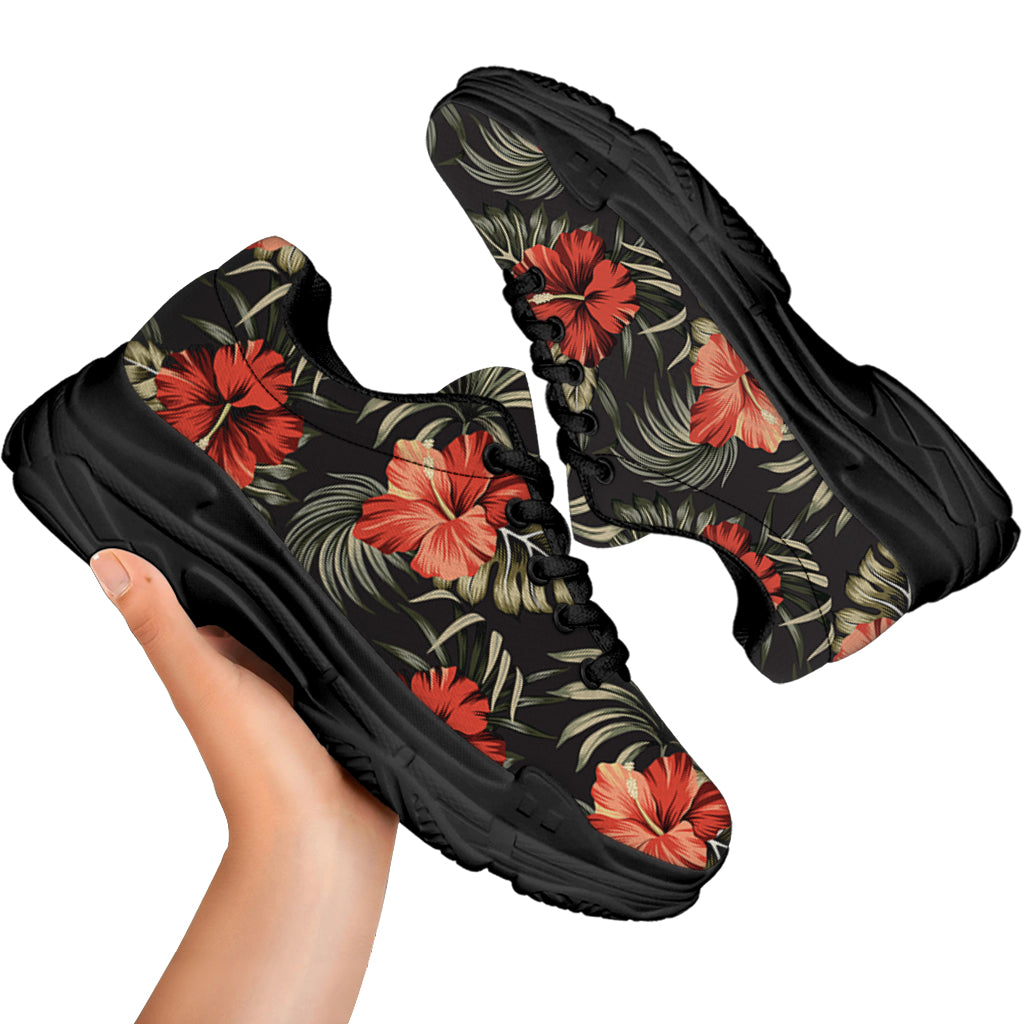 Vintage Tropical Hibiscus Floral Print Black Chunky Shoes