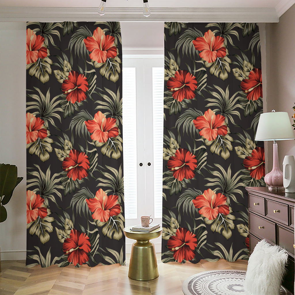 Vintage Tropical Hibiscus Floral Print Blackout Pencil Pleat Curtains