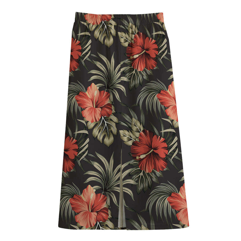 Vintage Tropical Hibiscus Floral Print Cotton Front Slit Maxi Skirt