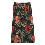 Vintage Tropical Hibiscus Floral Print Cotton Front Slit Maxi Skirt