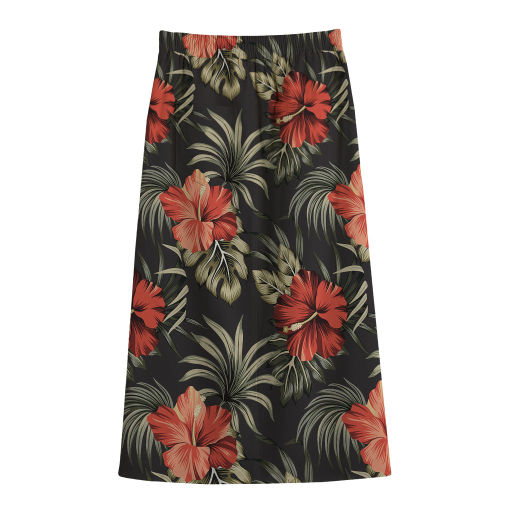 Vintage Tropical Hibiscus Floral Print Cotton Front Slit Maxi Skirt
