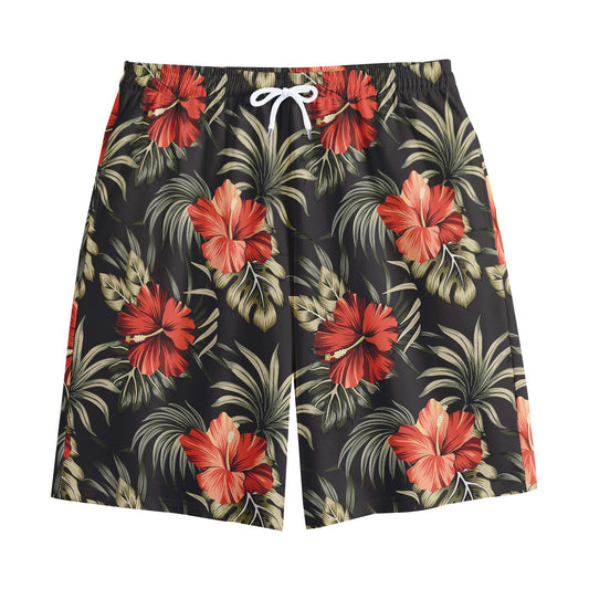 Vintage Tropical Hibiscus Floral Print Cotton Shorts