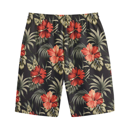 Vintage Tropical Hibiscus Floral Print Cotton Shorts