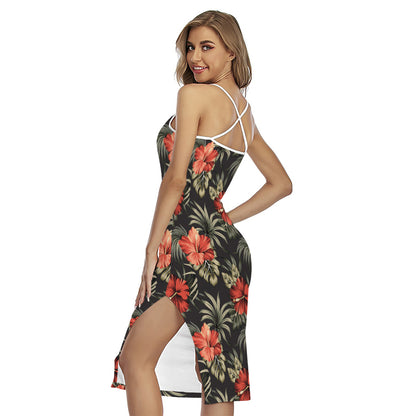 Vintage Tropical Hibiscus Floral Print Cross Back Cami Dress
