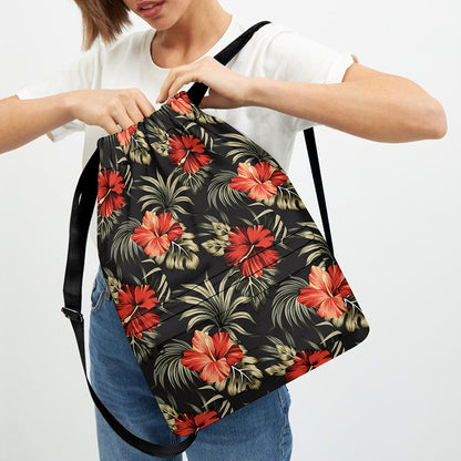 Vintage Tropical Hibiscus Floral Print Drawstring Backpack