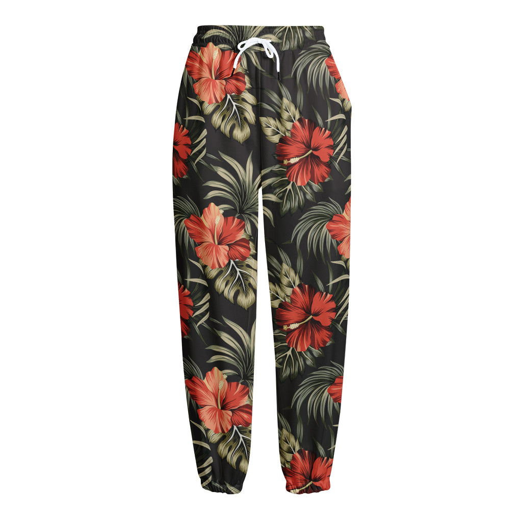 Vintage Tropical Hibiscus Floral Print Fleece Lined Knit Pants