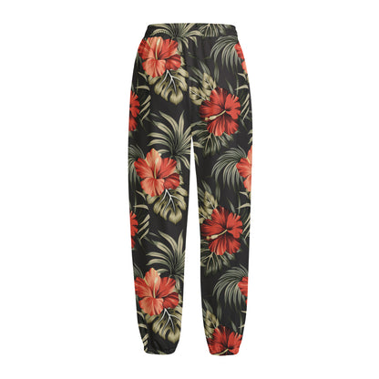 Vintage Tropical Hibiscus Floral Print Fleece Lined Knit Pants