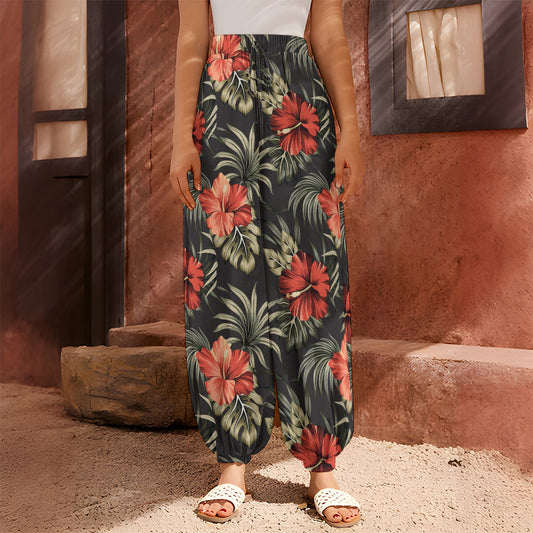 Vintage Tropical Hibiscus Floral Print Harem Pants