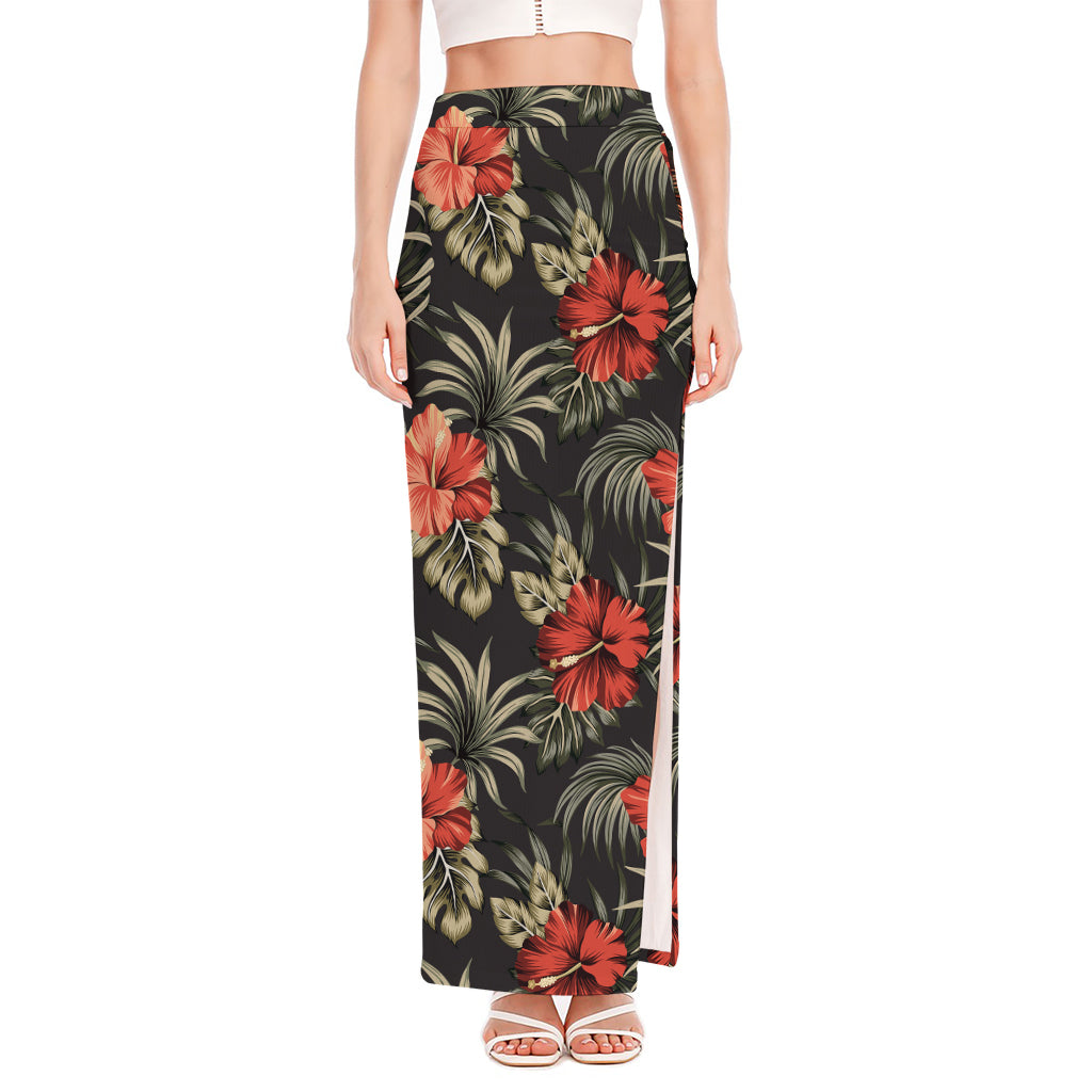 Vintage Tropical Hibiscus Floral Print High Slit Maxi Skirt