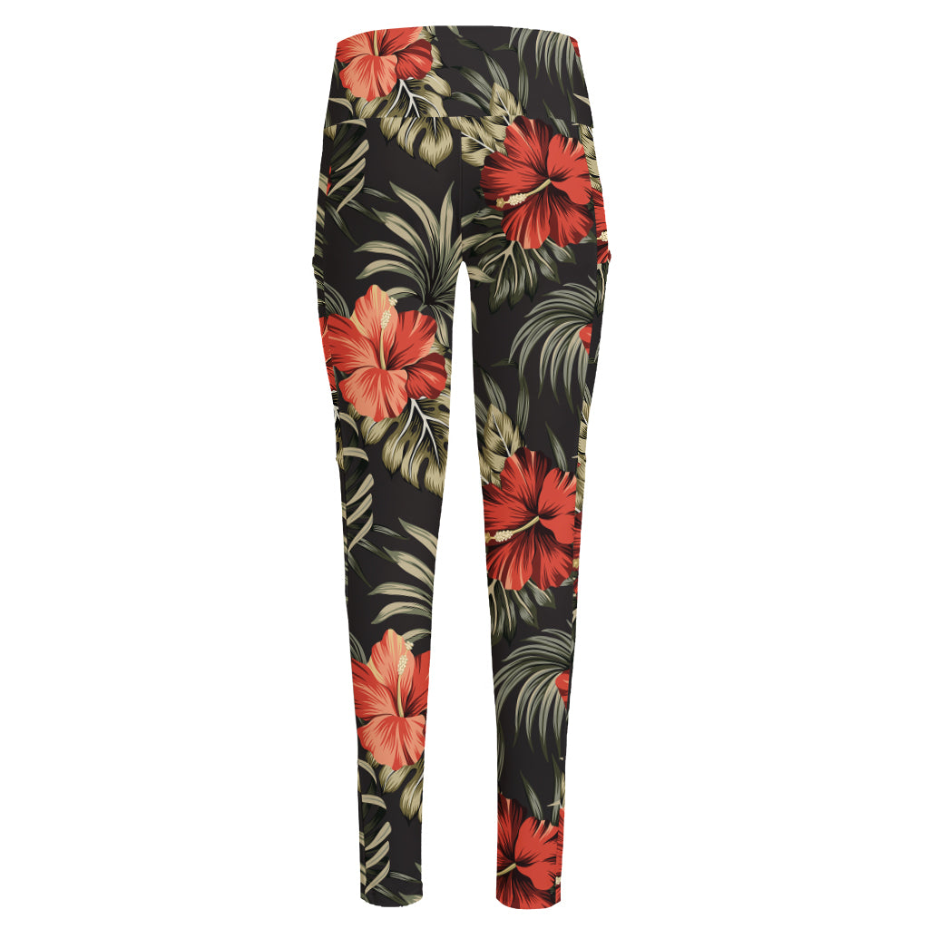 Vintage Tropical Hibiscus Floral Print High-Waisted Pocket Leggings