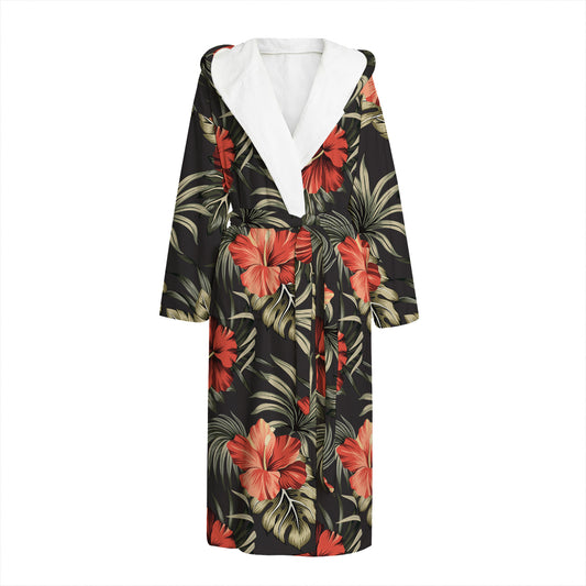 Vintage Tropical Hibiscus Floral Print Hooded Bathrobe