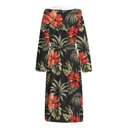 Vintage Tropical Hibiscus Floral Print Hooded Bathrobe