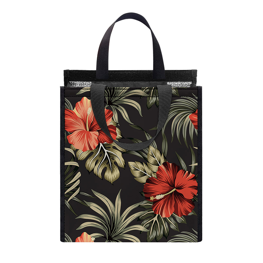 Vintage Tropical Hibiscus Floral Print Insulated Lunch Tote