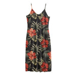 Vintage Tropical Hibiscus Floral Print Jersey Midi Cami Dress