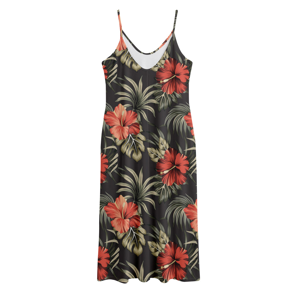 Vintage Tropical Hibiscus Floral Print Jersey Midi Cami Dress