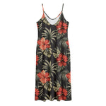 Vintage Tropical Hibiscus Floral Print Jersey Midi Cami Dress