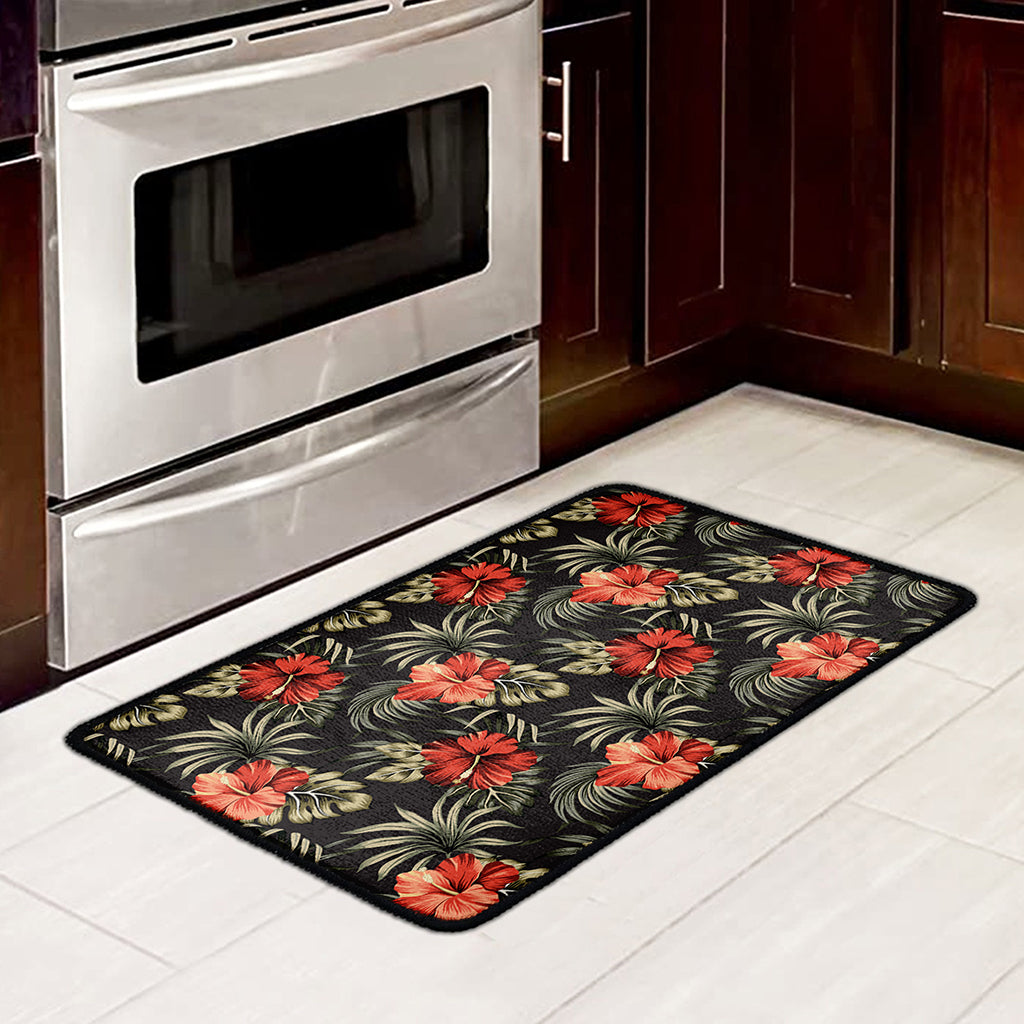 Vintage Tropical Hibiscus Floral Print Kitchen Mat