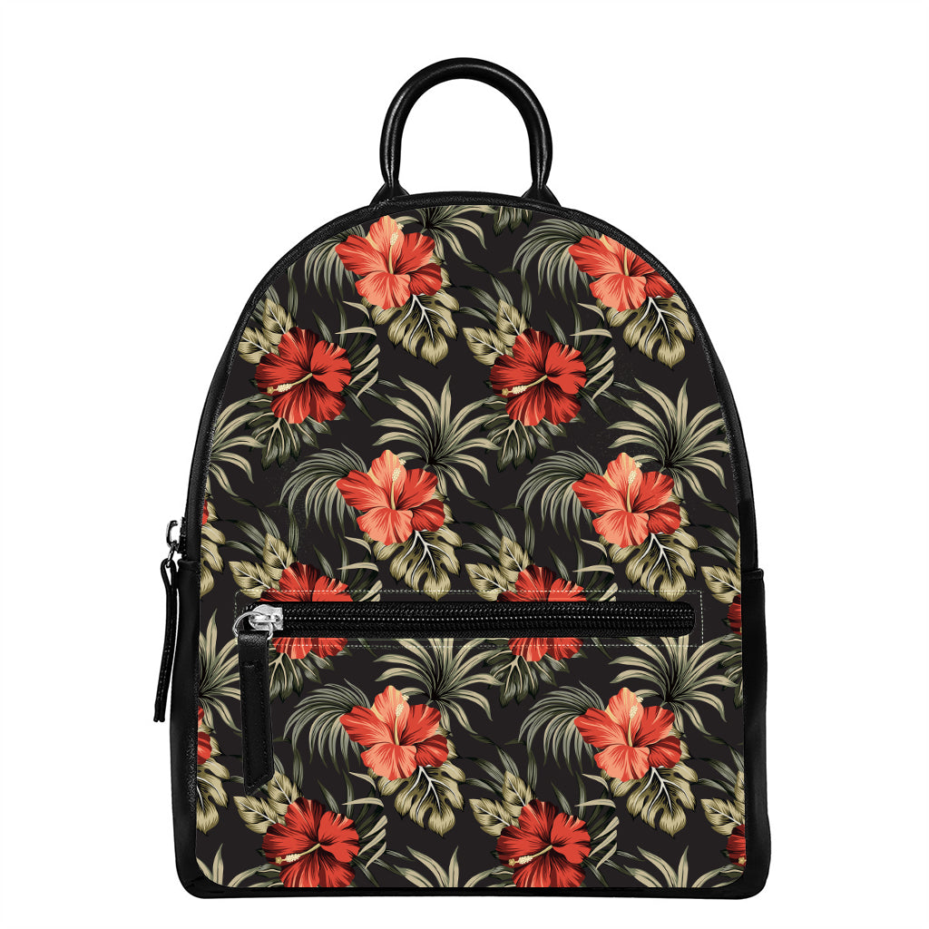 Vintage Tropical Hibiscus Floral Print Leather Backpack