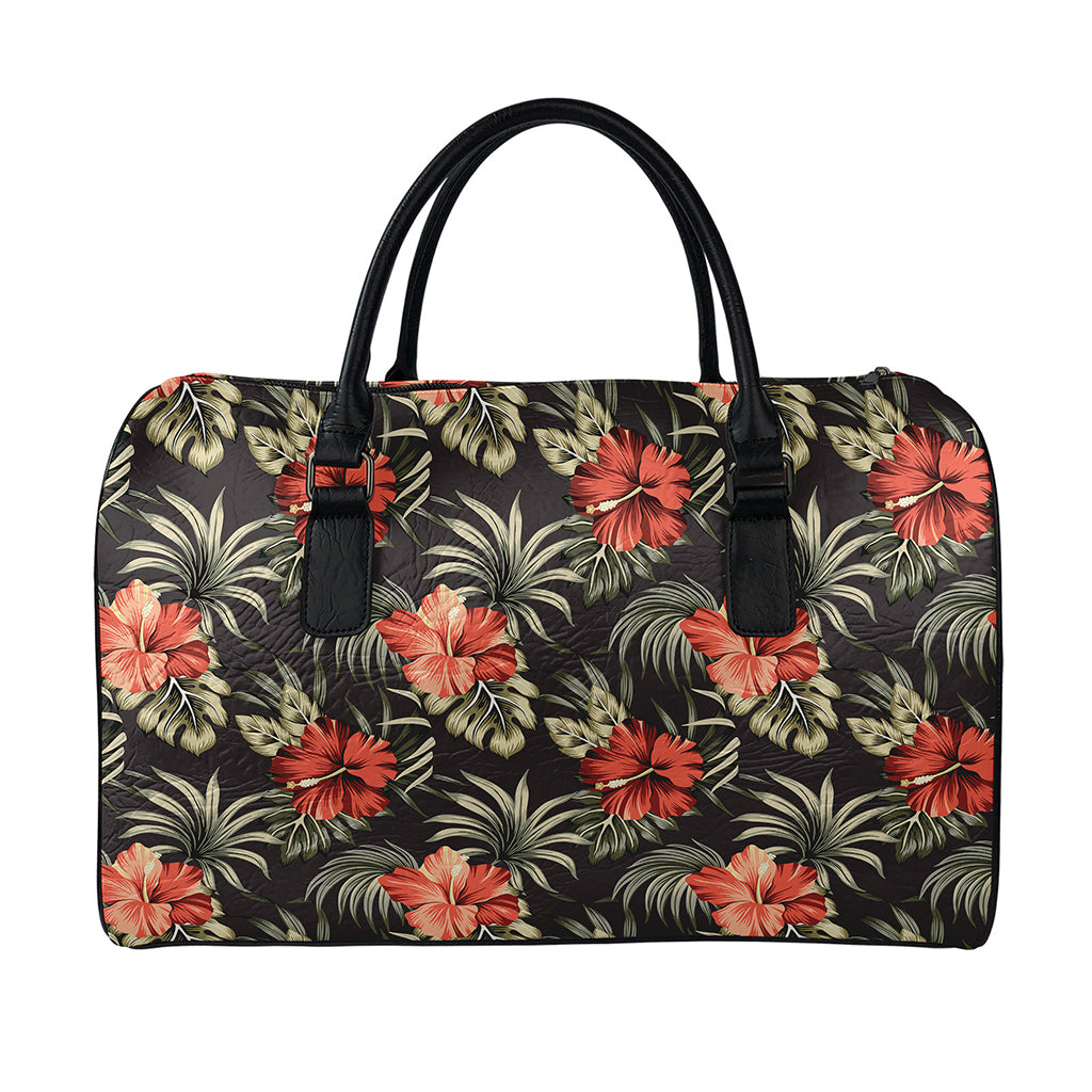 Vintage Tropical Hibiscus Floral Print Leather Duffle Bag