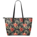 Vintage Tropical Hibiscus Floral Print Leather Tote Bag With Zipper