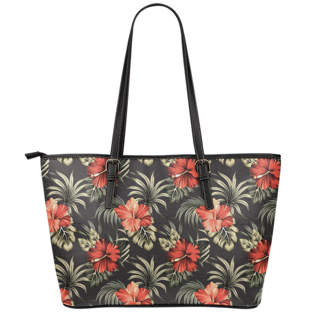 Vintage Tropical Hibiscus Floral Print Leather Tote Bag