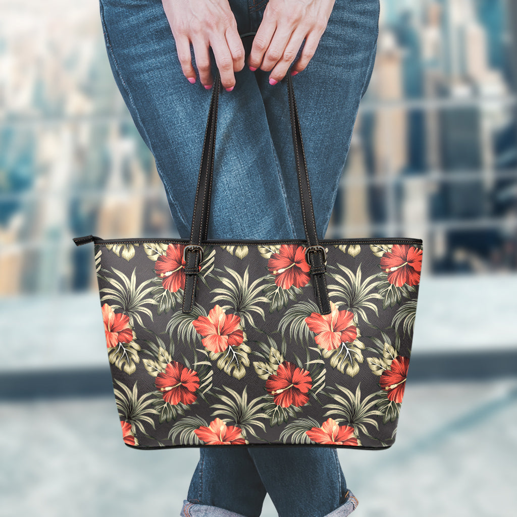 Vintage Tropical Hibiscus Floral Print Leather Tote Bag