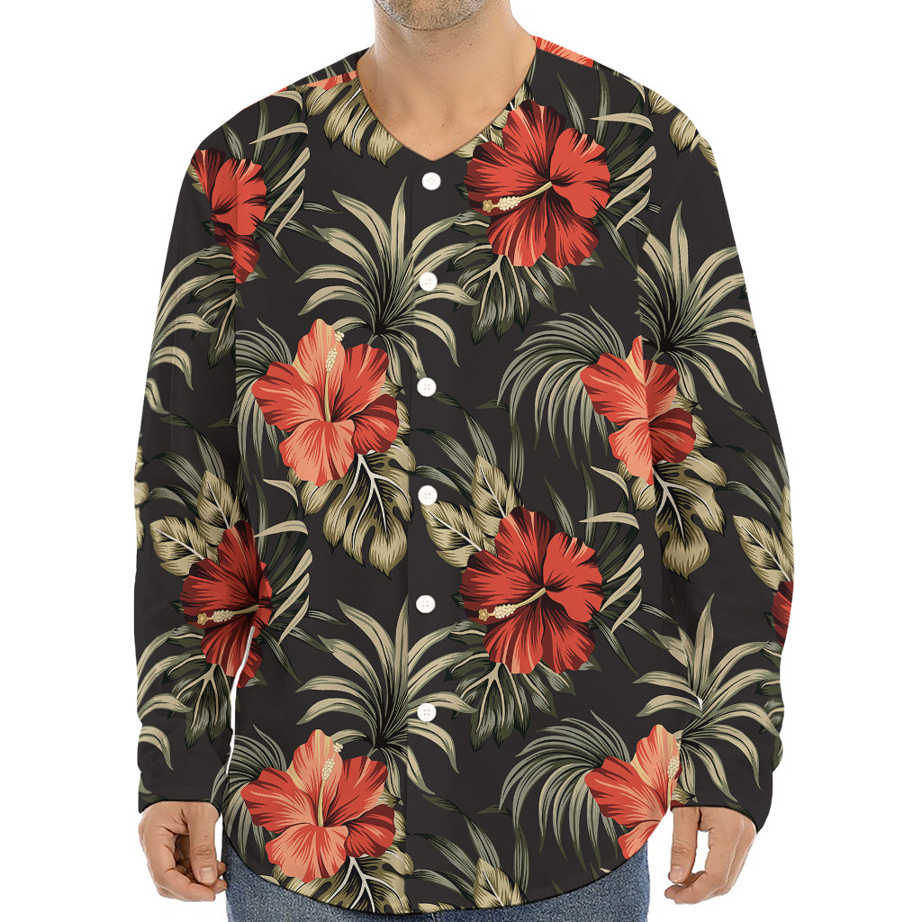 Vintage Tropical Hibiscus Floral Print Long Sleeve Baseball Jersey