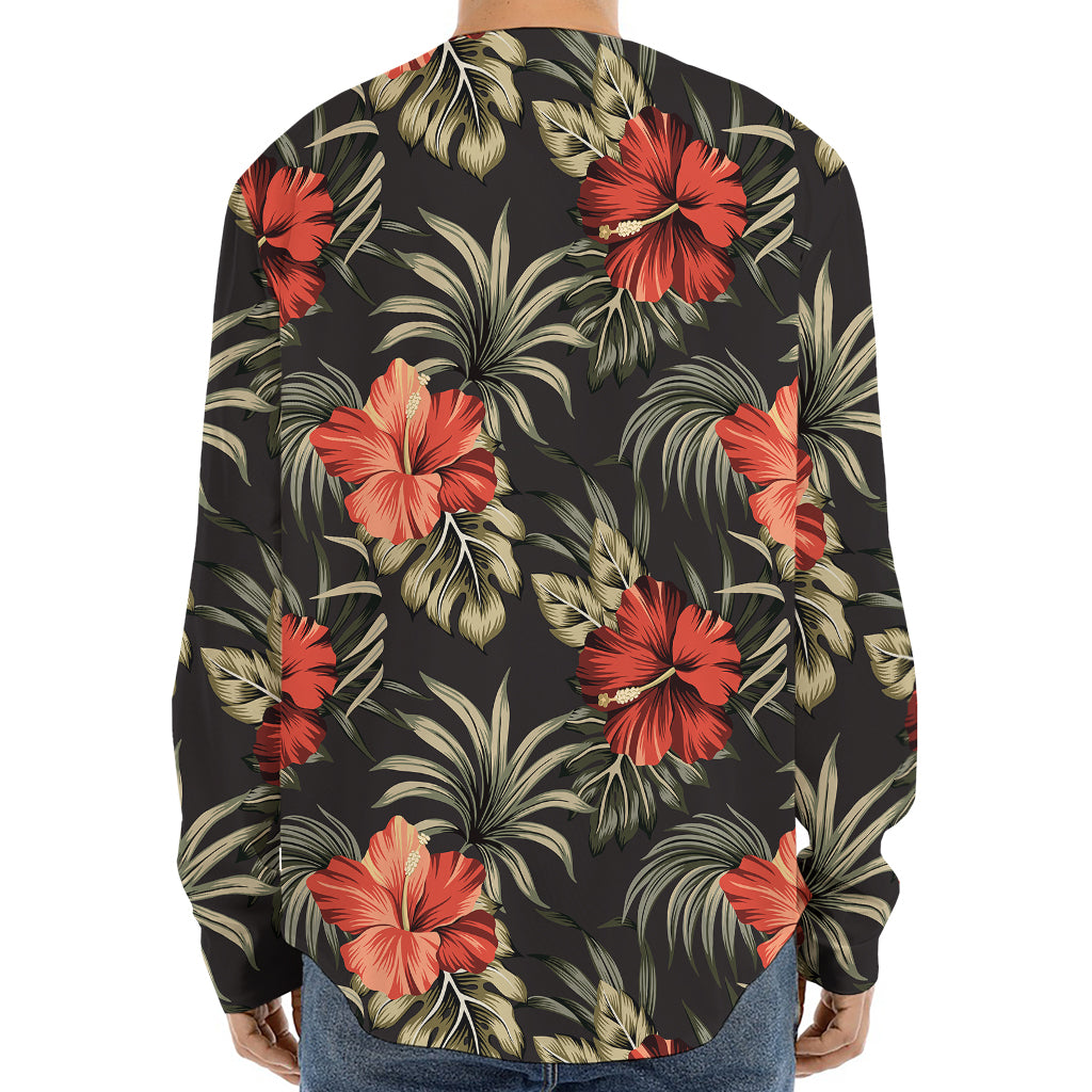 Vintage Tropical Hibiscus Floral Print Long Sleeve Baseball Jersey