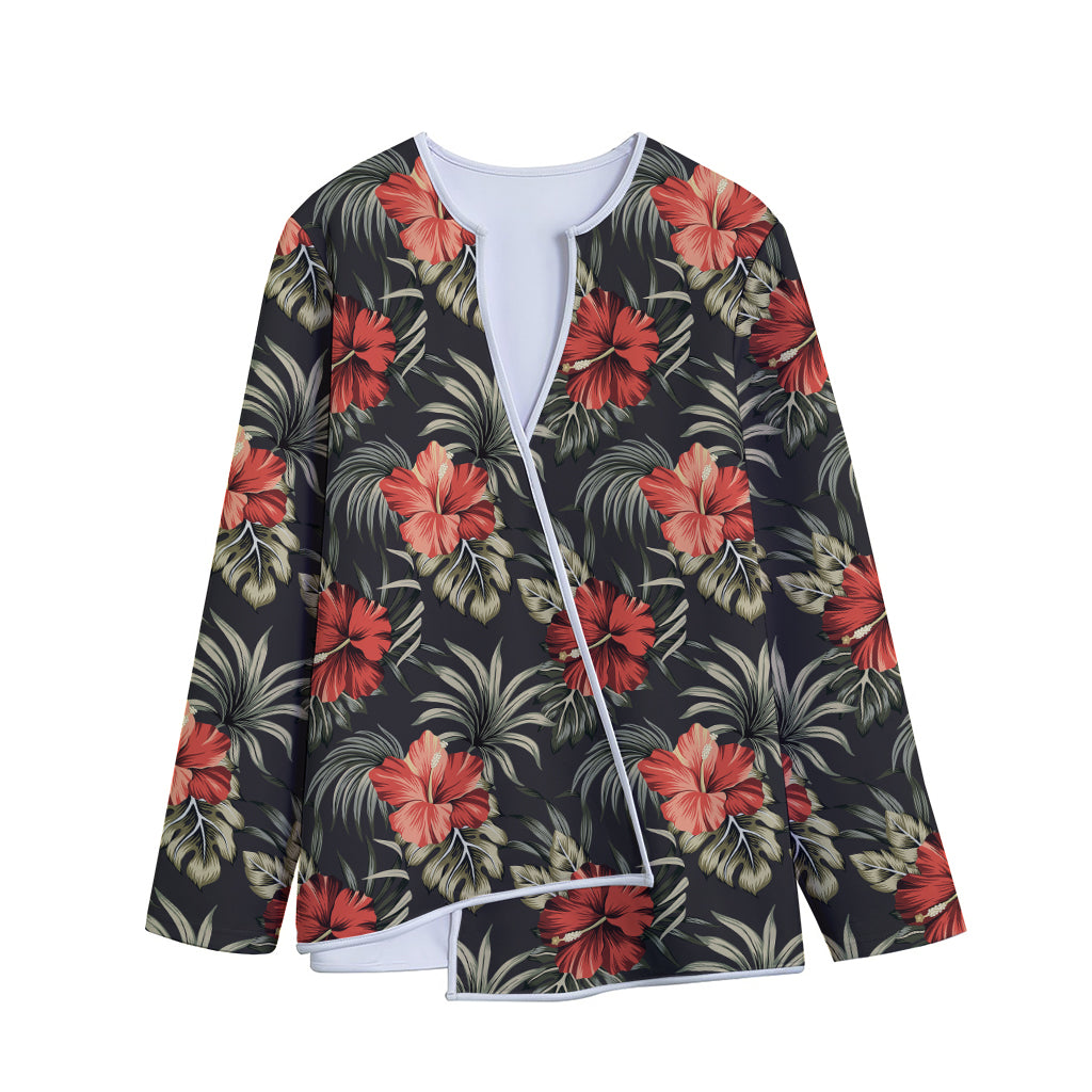 Vintage Tropical Hibiscus Floral Print Long Sleeve Short Coat